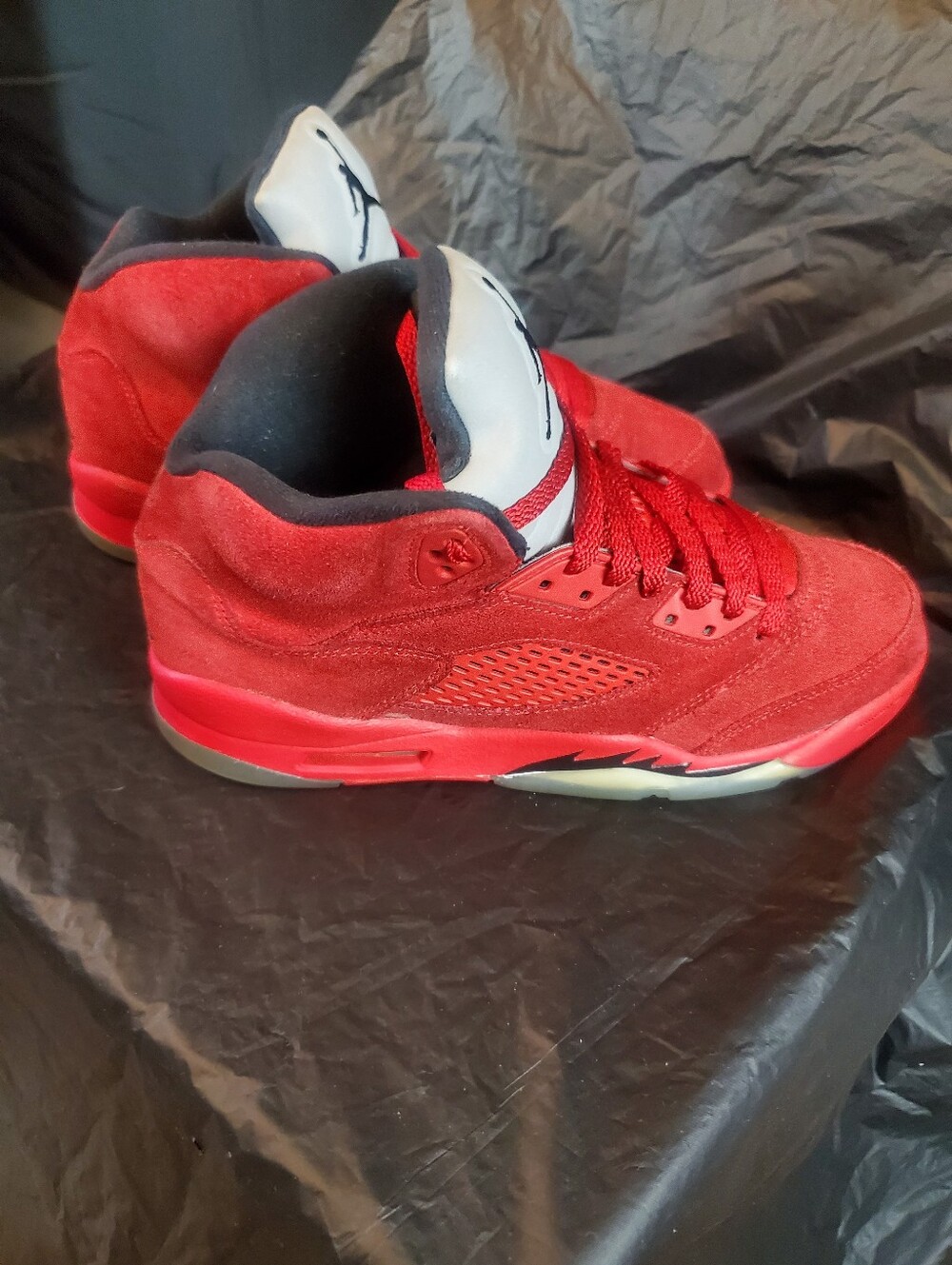 Jordans 5s  Boys  Red Suede Basketball Sneakers with Black Lining